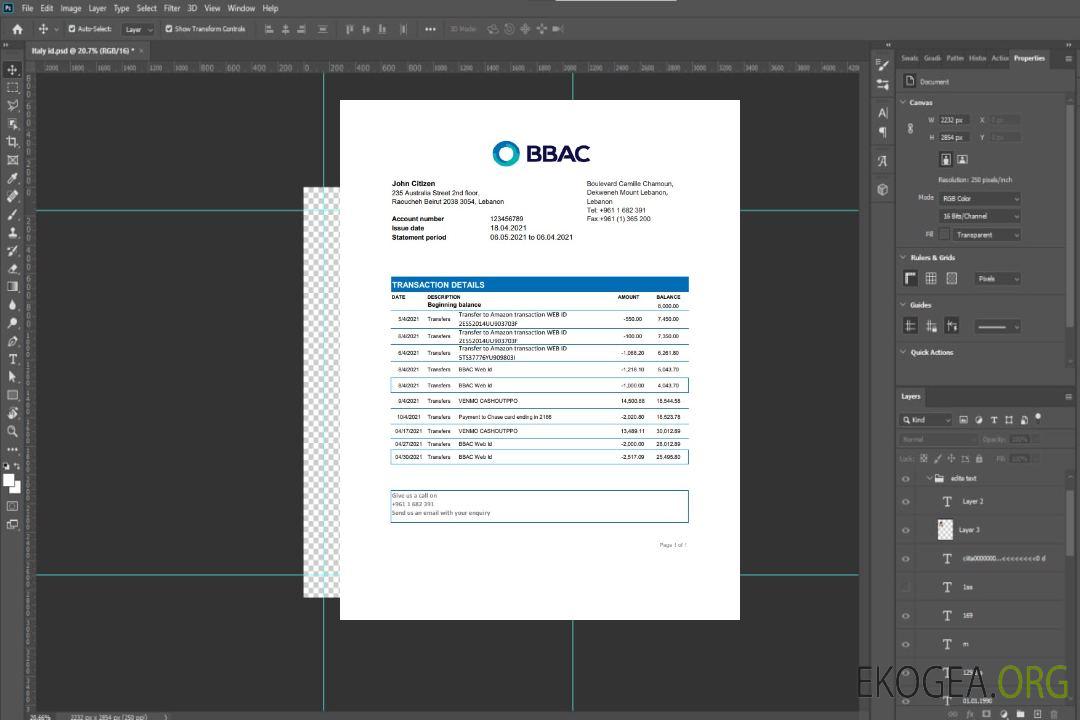 Relevé bancaire BBAC du Liban, modèle facile à remplir au format de fichier .xls et .pdf template